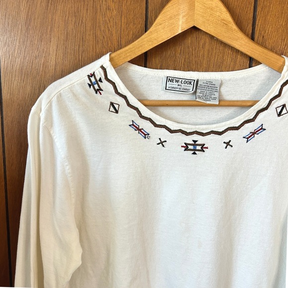 New Look Tops - New Look White Embroidered‎ Long Sleeve Top Aztec Southwestern XLarge